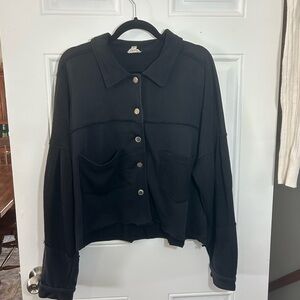 POL size S oversized relaxed fit distressed black button up jacket.